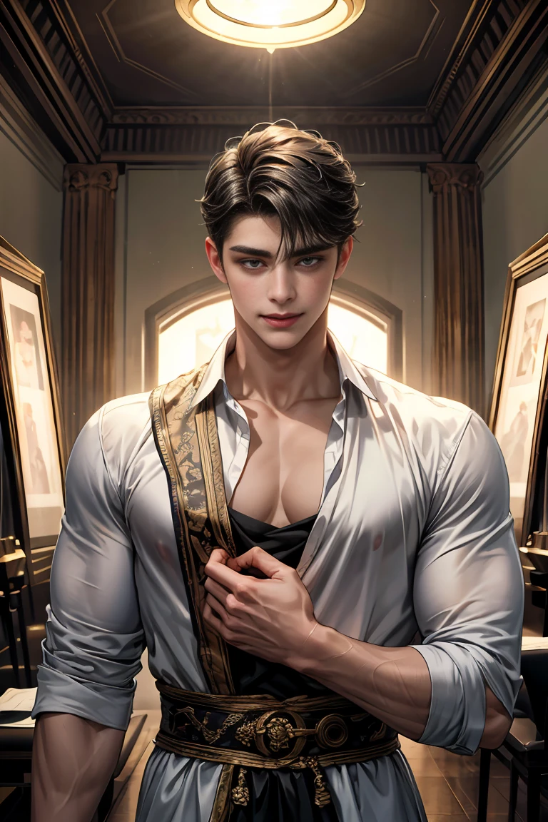 (best quality, masterpiece, highres:1.2), beautiful:1.5, shirtles, black short hair:1.5, looking at the viewer,symmetrical eyes, holding a knife in his hand, exposed perfect penis, handsome