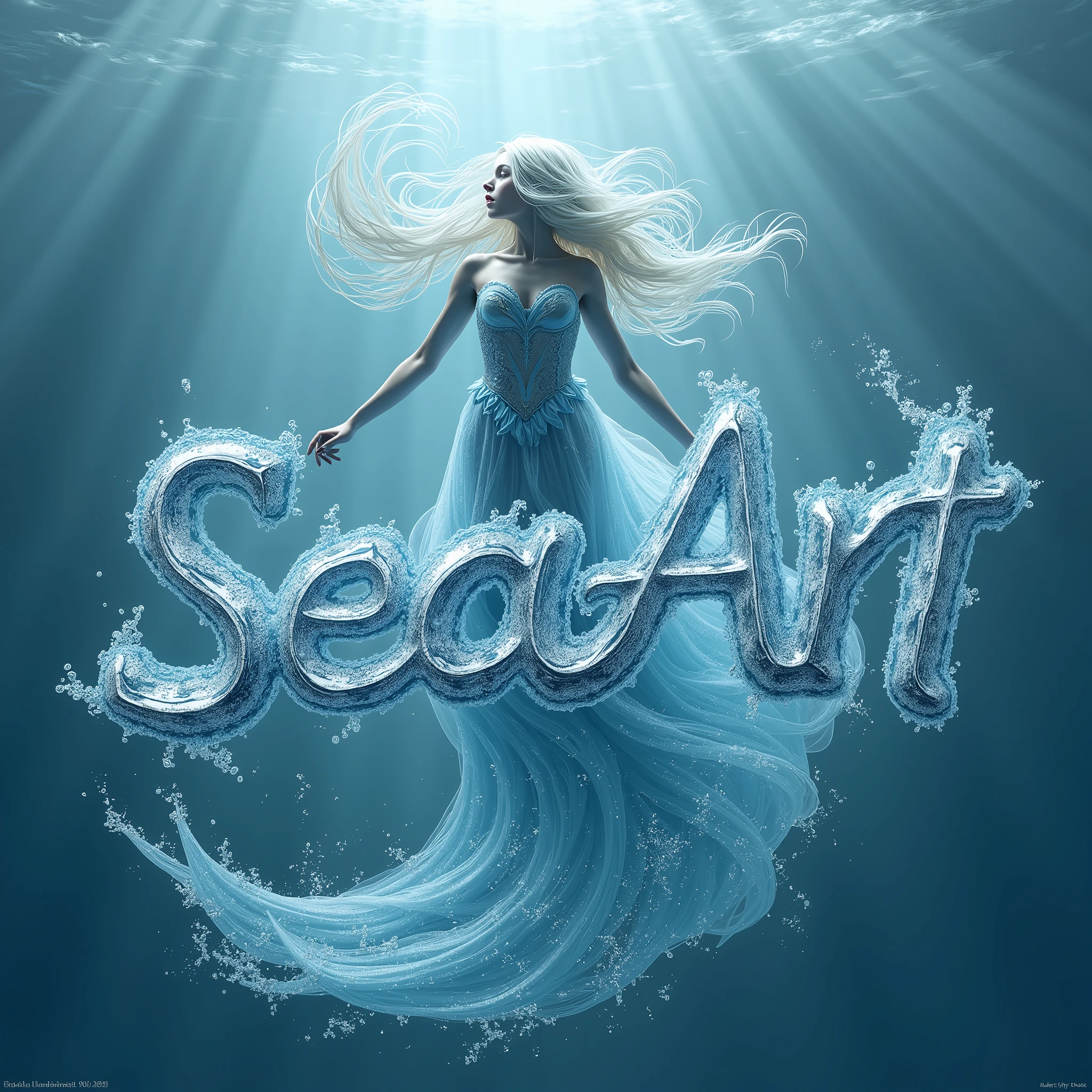 Picture a striking typography poster blending the ethereal essence of Undine with the dynamic flow of the Seaart logo, visualized as running water. The logo, resembling a river in motion, curls like ocean waves, reflecting water's fluidity. Each stroke is smooth and reflective, capturing light as liquid silver.

Undine is subtly integrated in the background, a ghostly figure emerging from the water, her hair and dress flowing into the streams forming the logo. Her oceanic gaze adds depth, while droplets and mist link her presence to the logo, as if she animates it.

The bold caption "Unlimited A.I. Imaginations" appears in sleek, futuristic typography. The letters, spaced evenly, mimic the fluidity of water without sacrificing readability. The text floats on the surface, with gentle ripples reflecting around it.

The cool color palette of blues, silvers, and teals shifts from deep ocean tones to lighter hues, capturing water's changing nature and the limitless imagination of A.I., while hints of light enhance the feeling of water reflecting sunlight. The composition brims with mystical energy, merging Undine's spirit with the bold creativity of the Seaart logo.