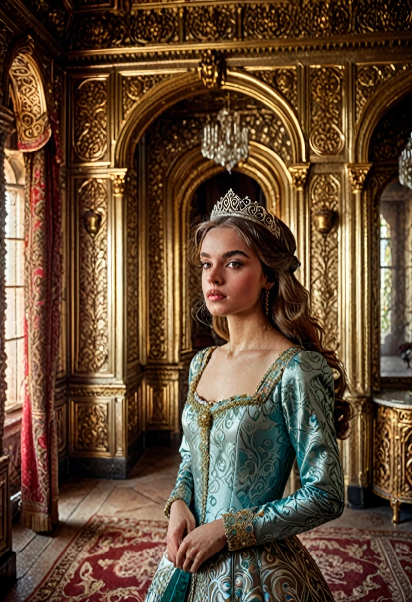 a photo of a woman, princess, in an ornate room in a castle, best quality, fine details, detailed skin