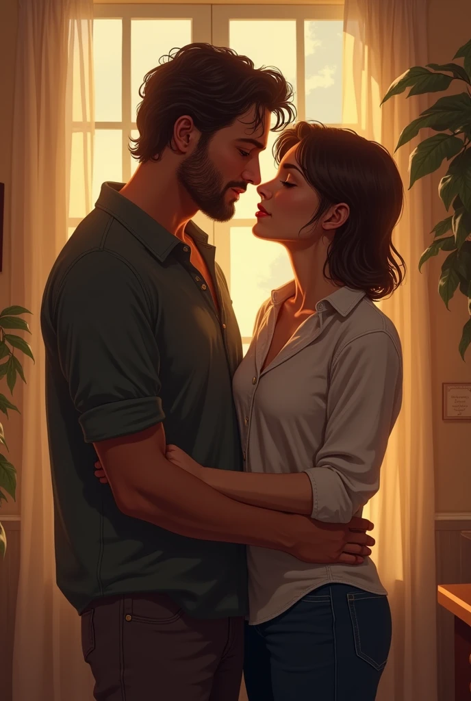 bearded bearded woman, brown hair, amber eyes, kisses the void with her mouth, eyes closed