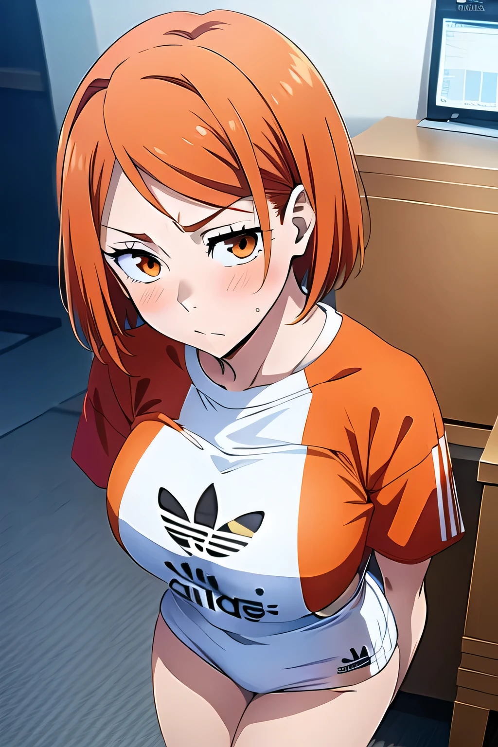 (masterpiece, best quality:1.2), 1girl, female solo, orange eyes, short hair, 160 cm, ginger hair, Adidas outfit.