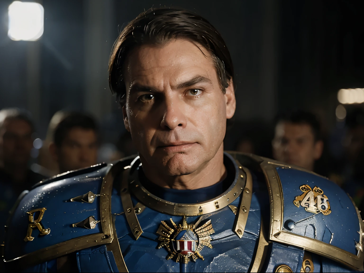 Space marine em um mundo warhammer 40k, jair bolsonaro, kinematic lighting, dramatic light, UHD, ultra detailed, Detailed skin, Bolts, Dark