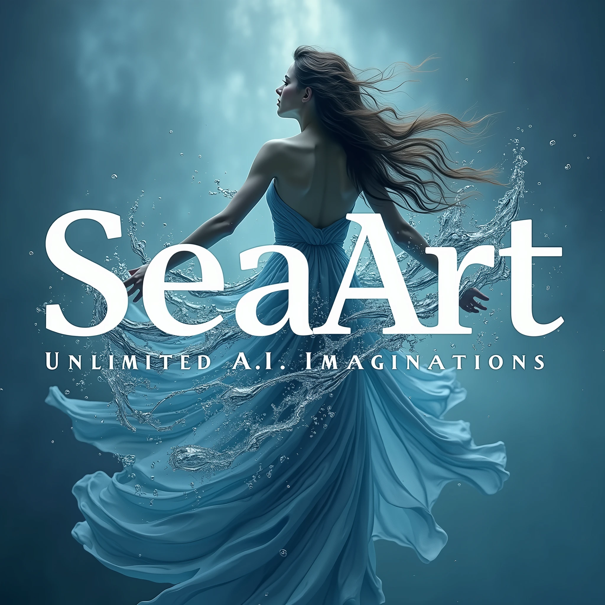 Picture a striking typography poster blending the ethereal essence of Undine with the dynamic flow of the Seaart logo, visualized as running water. The logo, resembling a river in motion, curls like ocean waves, reflecting water's fluidity. Each stroke is smooth and reflective, capturing light as liquid silver.

Undine is subtly integrated in the background, a ghostly figure emerging from the water, her hair and dress flowing into the streams forming the logo. Her oceanic gaze adds depth, while droplets and mist link her presence to the logo, as if she animates it.

The bold caption "Unlimited A.I. Imaginations" appears in sleek, futuristic typography. The letters, spaced evenly, mimic the fluidity of water without sacrificing readability. The text floats on the surface, with gentle ripples reflecting around it.

The cool color palette of blues, silvers, and teals shifts from deep ocean tones to lighter hues, capturing water's changing nature and the limitless imagination of A.I., while hints of light enhance the feeling of water reflecting sunlight. The composition brims with mystical energy, merging Undine's spirit with the bold creativity of the Seaart logo.