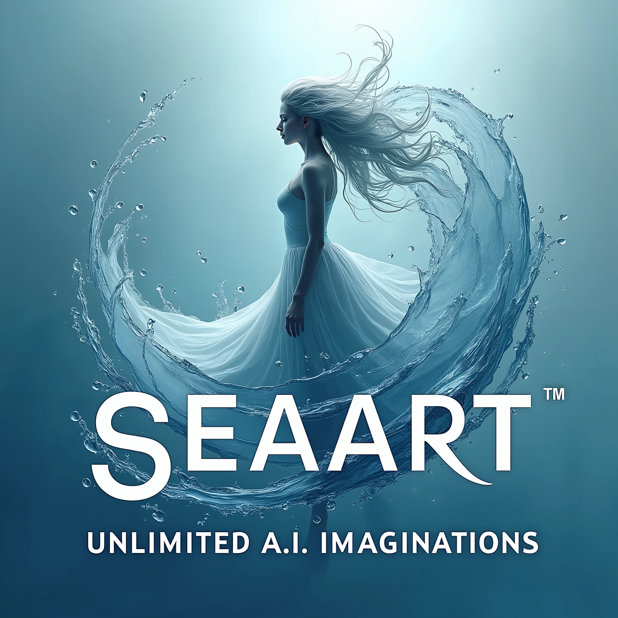 Picture a striking typography poster blending the ethereal essence of Undine with the dynamic flow of the Seaart logo, visualized as running water. The logo, resembling a river in motion, curls like ocean waves, reflecting water's fluidity. Each stroke is smooth and reflective, capturing light as liquid silver.

Undine is subtly integrated in the background, a ghostly figure emerging from the water, her hair and dress flowing into the streams forming the logo. Her oceanic gaze adds depth, while droplets and mist link her presence to the logo, as if she animates it.

The bold caption "Unlimited A.I. Imaginations" appears in sleek, futuristic typography. The letters, spaced evenly, mimic the fluidity of water without sacrificing readability. The text floats on the surface, with gentle ripples reflecting around it.

The cool color palette of blues, silvers, and teals shifts from deep ocean tones to lighter hues, capturing water's changing nature and the limitless imagination of A.I., while hints of light enhance the feeling of water reflecting sunlight. The composition brims with mystical energy, merging Undine's spirit with the bold creativity of the Seaart logo.