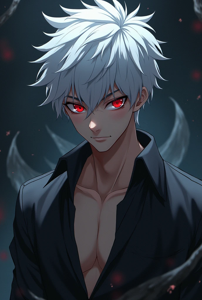 a close up of a male anime character with horns and a white face, fit male demon with white horns, white horns queen demon, demon white horns, demon male, horns and red eyes, horned god, human male demon, male djinn man demon hybrid, djinn man male demon, man male demon, tiefling, demon lord, demon boy, ((black clothes)), ultra realistic, dark room background, league of legends splash art