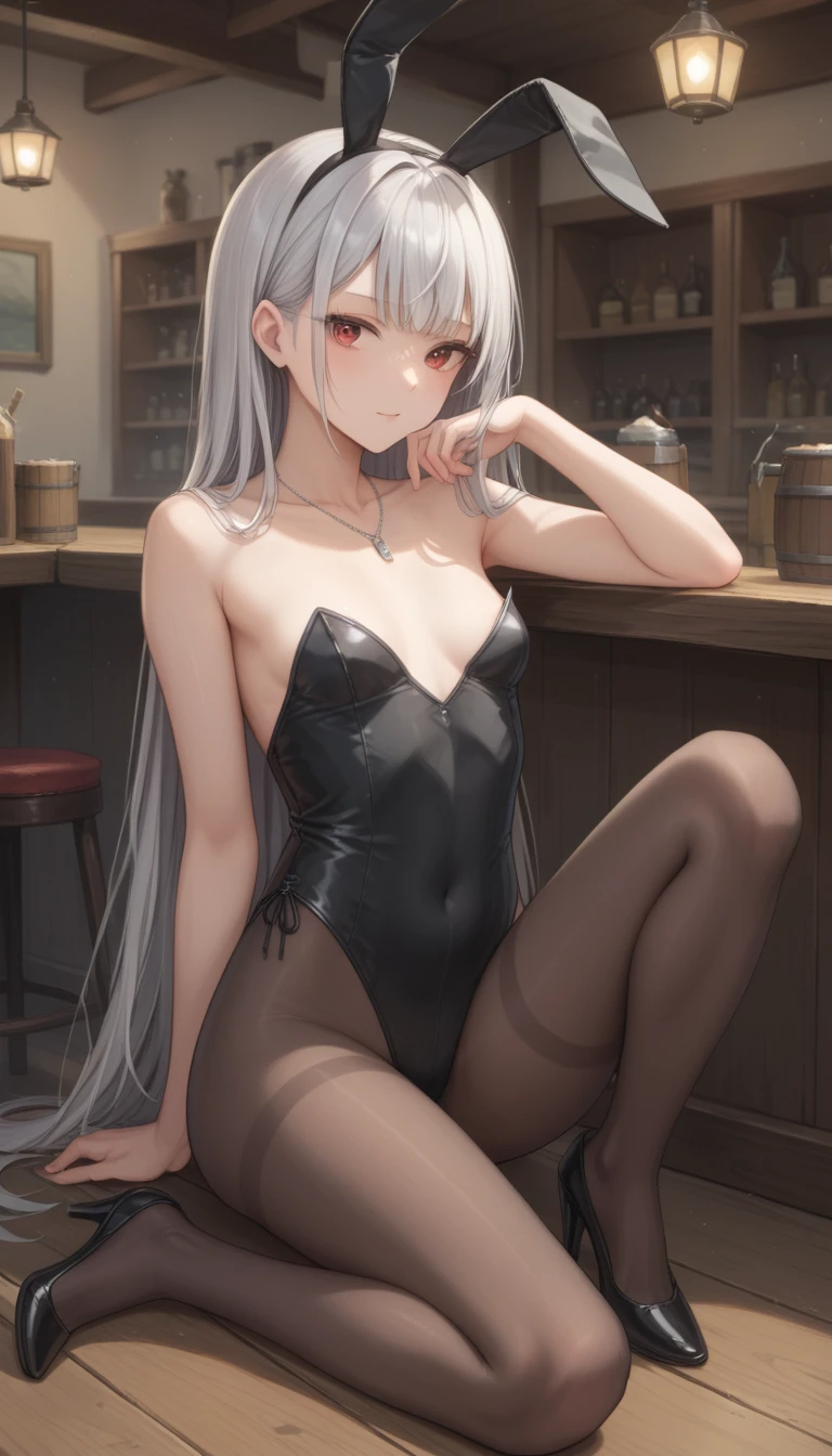 /(Best Quality/detailed/Terasu_mc, style/llScore_9， Score_8_superior， Score_7_superior):1.2/(she.Flowing silver hair/bangs/Hair that falls over the shoulders/Red eyes reflecting light、Simple contour,Perfect facial features)、(((Black Bunny Suit/Small breasts))、Black pantyhose、Black high heels、Silver Necklace.)/(place:dark/Tavern/middle ages/)/((she愛想笑いをして立って配膳している)):1.4/(Anatomically correct posture)/
