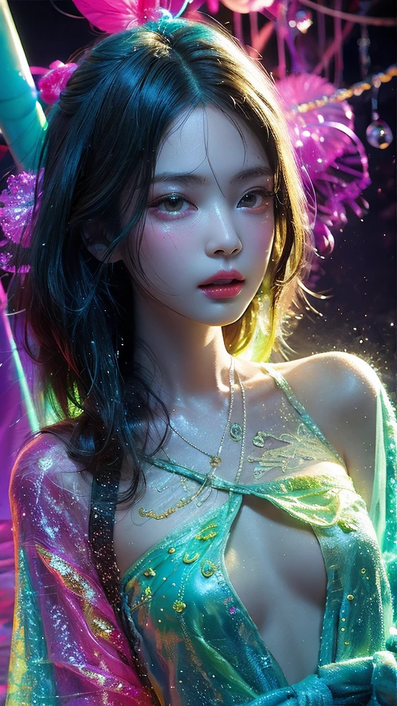 glow in the dark ，paint splatter，Captivating psychedelic surreal neon amazing universe beautiful gorgeous women in a bright colorful neon light，Mark Ryden、Daniel Merriam、Bright neon colors in the style of Frank Frazetta and Boris Vallejo, 、fashion clothes，[sandal，Very realistic, Triple,  fancy, beautiful, Detail, 복잡한 Detail, Very detailed, Oil painting, complex colors, Jenny Kim,