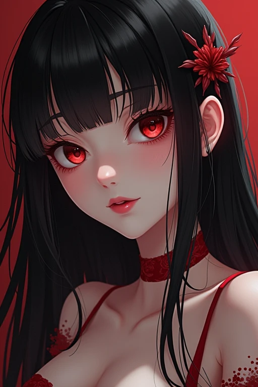 A half body,one-girl,Long black hair,Delicate red eyes,diadems,詳細な目,eyeslashes,Red Eyeshadow,Texture of the skin, high detal, super detailing, 16K