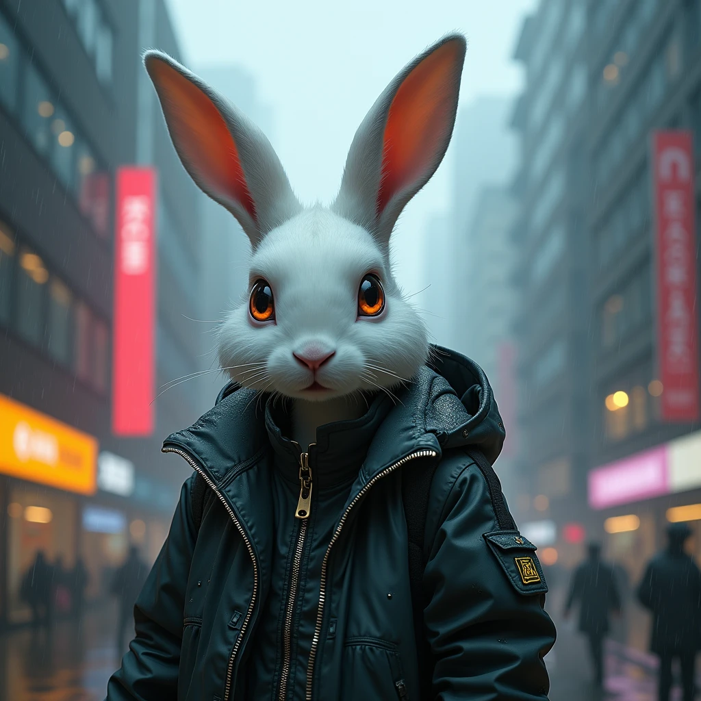 An adult white rabbit stands in a cyberpunk city, in the rain. He's wearing a cyberpunk style jacket. The rabbit has an augmentation on his right eye and a lot of scars.
