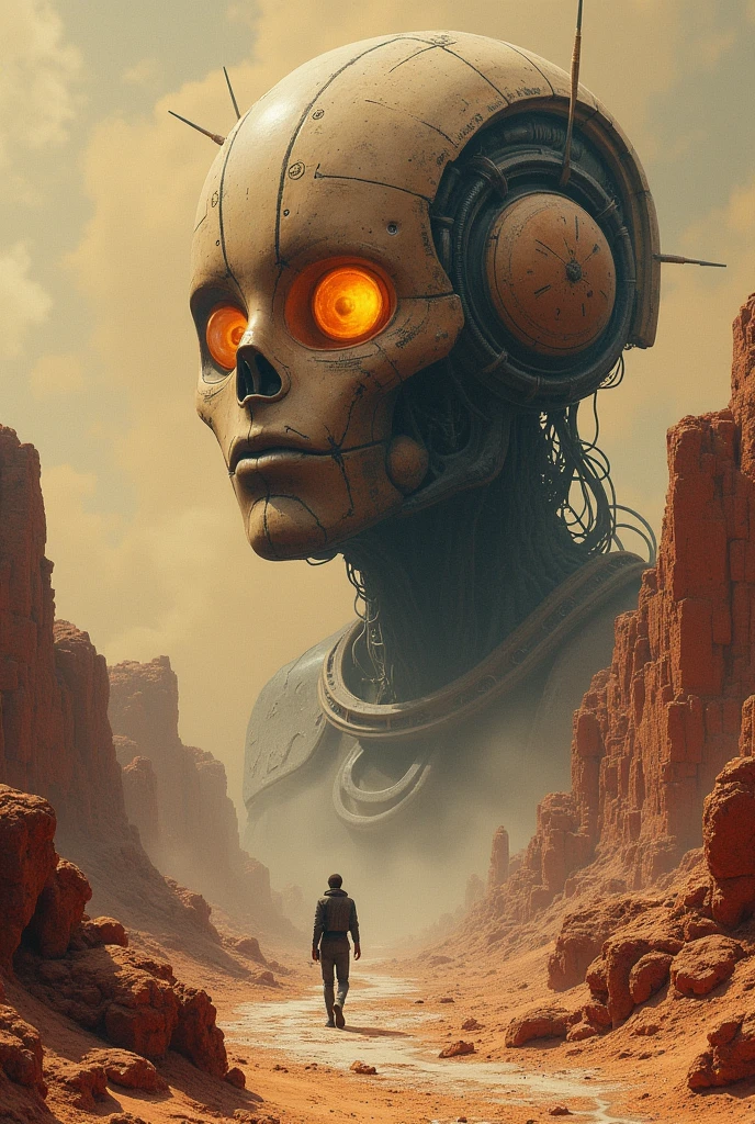 there is a painting of a futuristic city with a giant robot head, jodorowsky's dune, insanely detailed matte painting, peter gric and dan mumford, intricate matte painting, jodorowsky's dune movie, style of john harris, jean giraud 8 k, hyperdetailed matte painting, intricate environments, stunning sci-fi concept art, cgsociety )  
