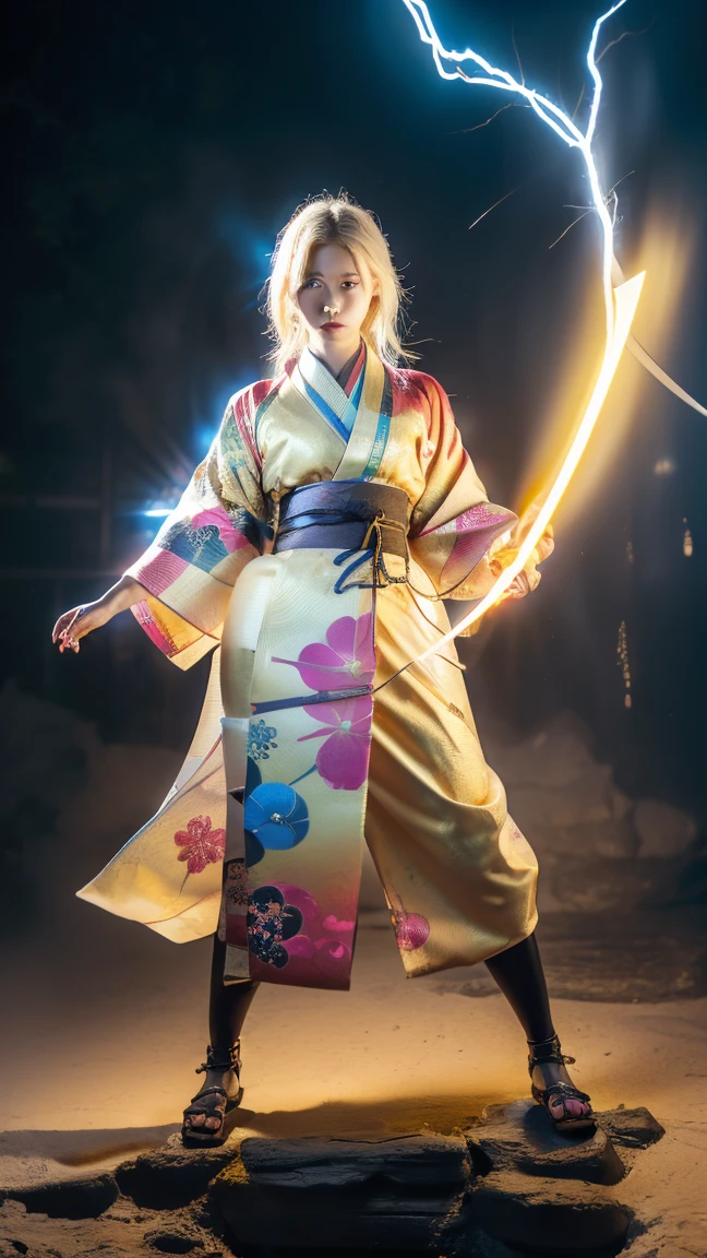 ((((Blonde, GOLD)))), (King, Dynamic, Jump), Survival ((((A colorful kimono with a red base)))), (Ultra HD, Best Quality, High resolution, Surreal, so beautiful), 24000dpi, Beautiful woman, Long Tail, Well-formed eyes, Young woman, greatest visual acuity, 1, Fascinating, Japanese women, ((Japanese Kimono:1.2, Seraphim)), (((2 Foot Knife, She has an electric Japanese sword., Both directions))), Blue Lightning, Charge Move, Special Move Stance, All-in-one, (Seven swords fly around her), whole body, Exquisite details, Graceful posture, Powerful, force, attack