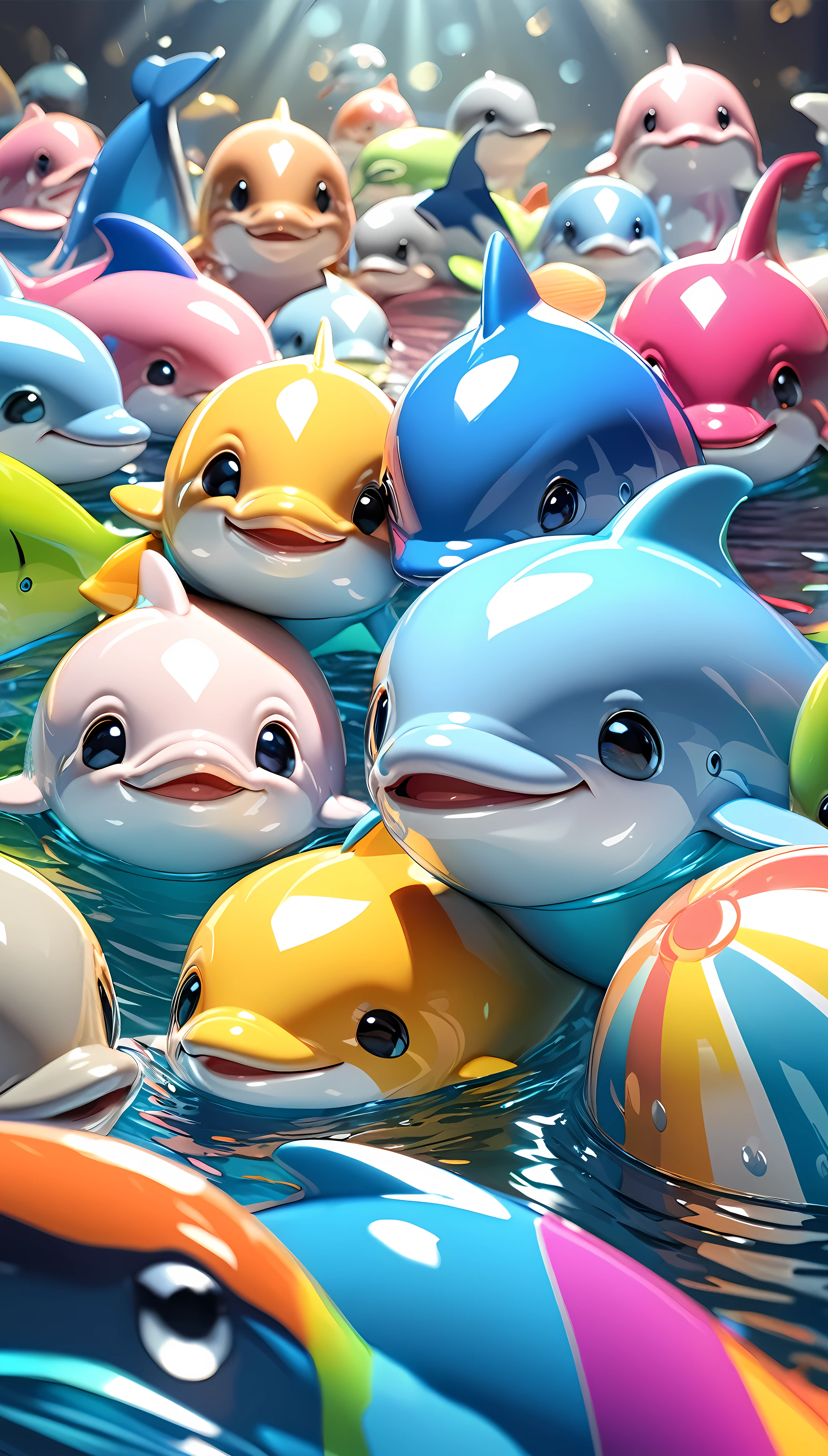 a highly detailed 4d clay model of a cute Dolphin , solo, Dolphin character, vibrant colorful gradients, anatomically correct, surreal and absurd aesthetics, cinema4d rendering, vivid colors, cute chibi style, polycarbonate, realistic 3d form, best quality, 4k, 8k, highres, masterpiece, ultra-detailed, realistic, photorealistic, photo-realistic, HDR, UHD, studio lighting, ultra-fine painting, sharp focus, physically-based rendering, extreme detail description, professional, vivid colors, bokeh, portraits, sea art  concept artists