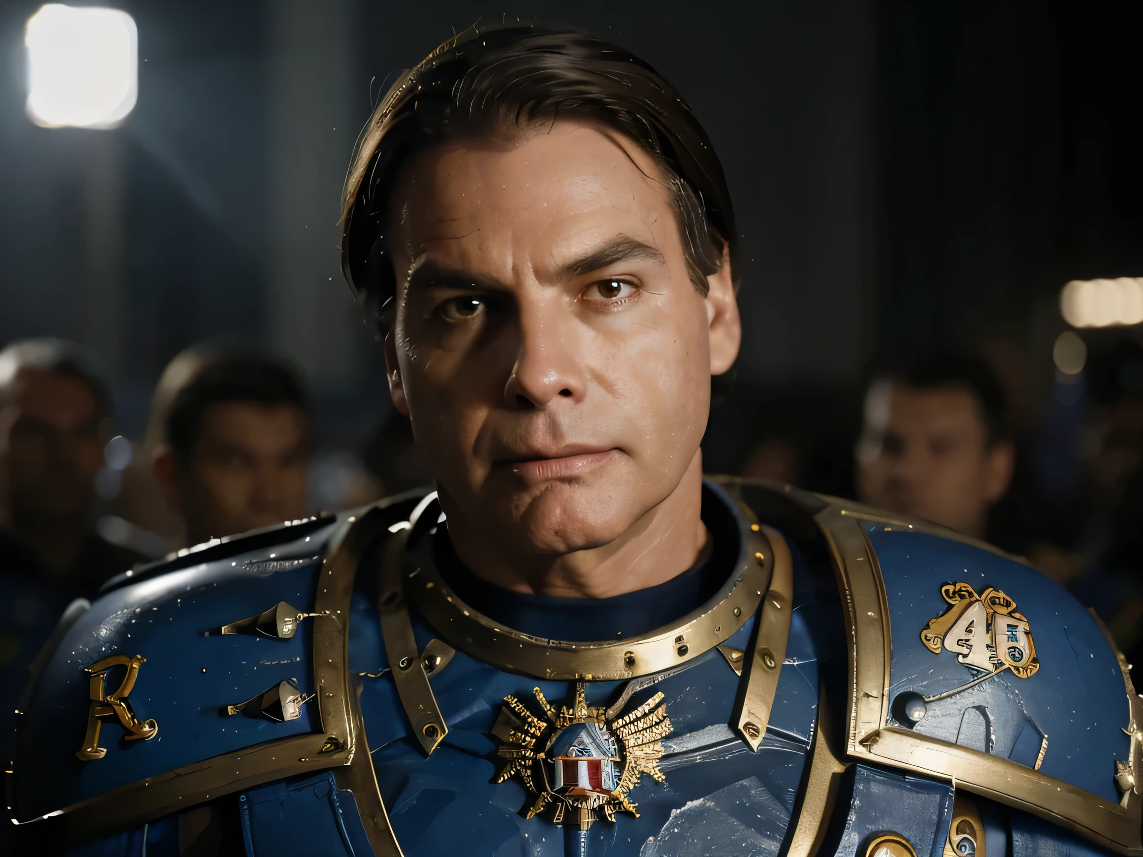 Space marine em um mundo warhammer 40k, jair bolsonaro, kinematic lighting, dramatic light, UHD, ultra detailed, Detailed skin, Bolts, Dark