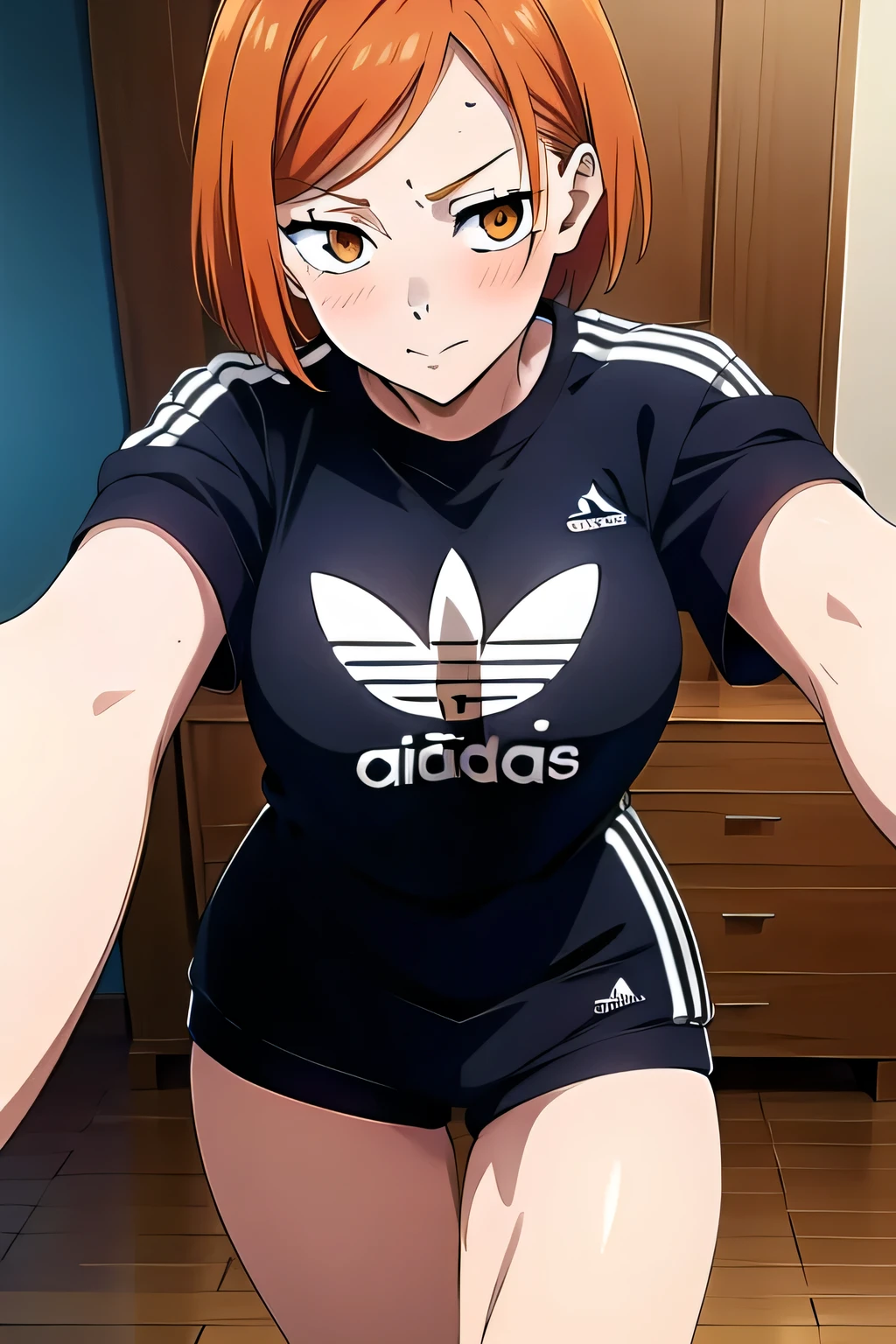 (masterpiece, best quality:1.2), 1girl, female solo, orange eyes, short hair, 160 cm, ginger hair, Adidas outfit.