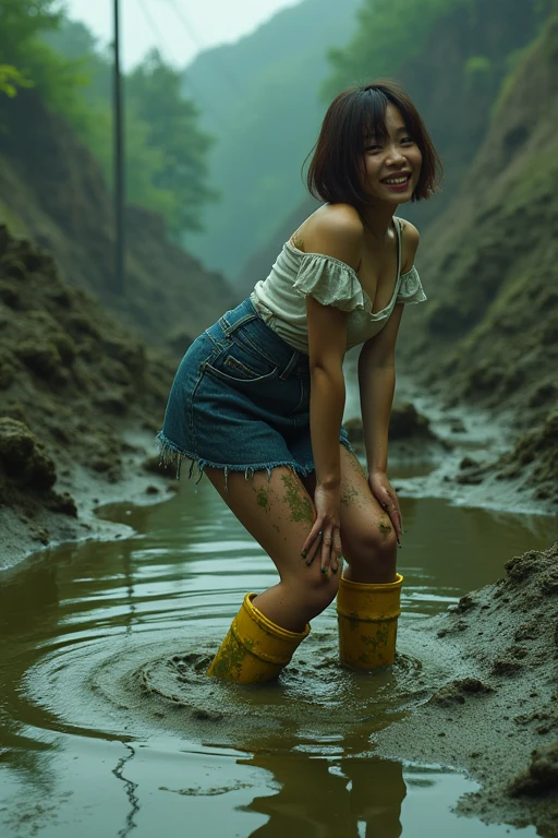 ((Highest quality)), ((masterpiece)), (detailed), Dark dirty garbage swamp at a waste dump、Cute Japanese woman with short hair、Brown Hair、Isoyama Sayaka、Thick body type、Beautiful breasts、Thicker legs、Buried in a dirty sludge quagmire full of filthy garbage、Orange Hunter rain boots buried in mud、Puff sleeves、mini skirt、Panty flash、Mud stains on face、Mud stains on clothes、Leaning forward、In the quagmire（Struggling, kicking his legs）、Sideways smiling