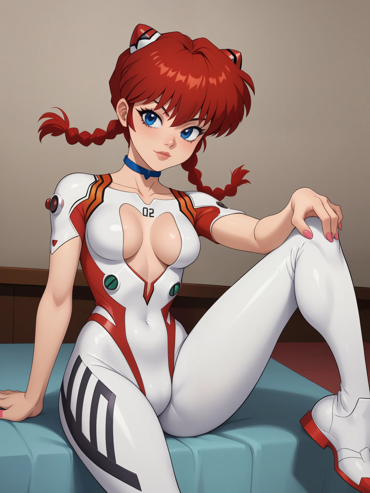 Ranma Saotome. red hair. Blue eyes. pigtail. small saggy breasts. hige hips. slim dody. choker. evangelion suit. black eyeliner. pink manicure. bar. sitting
