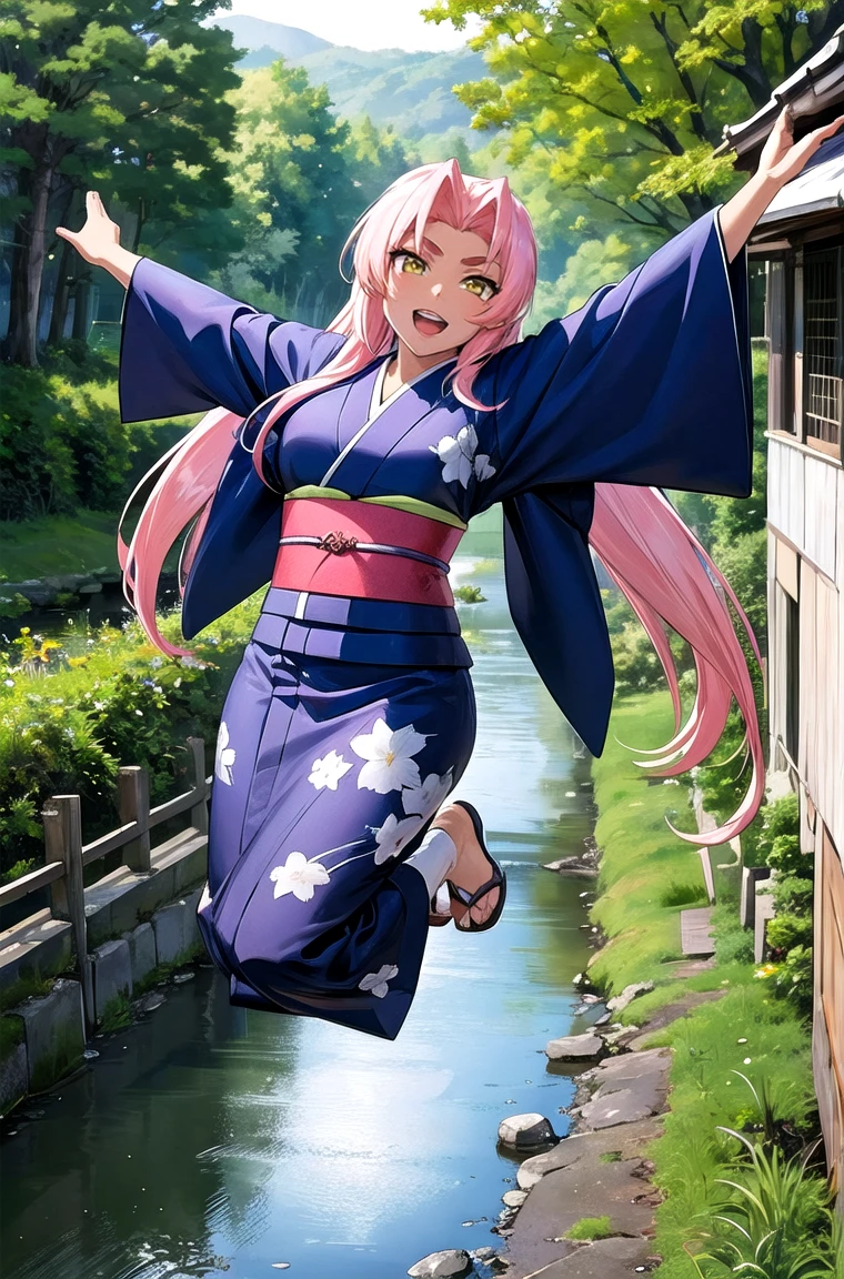 (masterpiece, best quality, detailed), 1girl, solo, looking at viewer, hkingrid, dark skin, purple lipstick,
yukata, kimono, obi, print kimono, japanese clothes, short kimono, outdoors, house, rural, village, scenery, path, river, bridge, jumping, outstretched arms, arms up, midair, smile, open mouth, teeth, v-shaped eyebrows