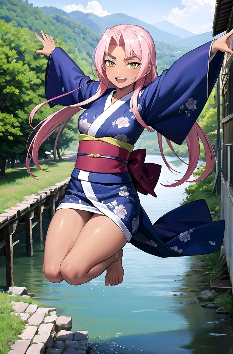 (masterpiece, best quality, detailed), 1girl, solo, looking at viewer, hkingrid, dark skin, purple lipstick,
yukata, kimono, obi, print kimono, japanese clothes, short kimono, outdoors, house, rural, village, scenery, path, river, bridge, jumping, outstretched arms, arms up, midair, smile, open mouth, teeth, v-shaped eyebrows