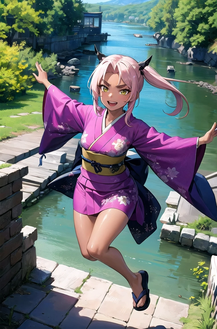 (masterpiece, best quality, detailed), 1girl, solo, looking at viewer, hkingrid, dark skin, purple lipstick,
yukata, kimono, obi, print kimono, japanese clothes, short kimono, outdoors, house, rural, village, scenery, path, river, bridge, jumping, outstretched arms, arms up, midair, smile, open mouth, teeth, v-shaped eyebrows