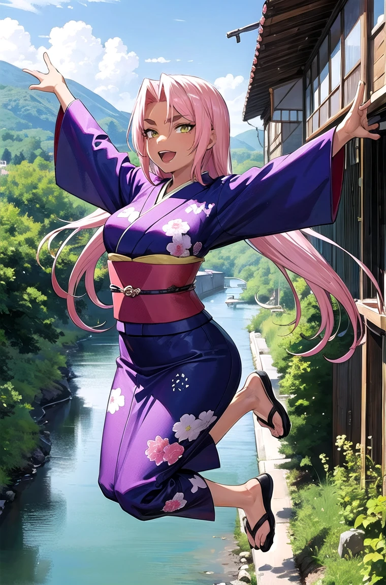 (masterpiece, best quality, detailed), 1girl, solo, looking at viewer, hkingrid, dark skin, purple lipstick,
yukata, kimono, obi, print kimono, japanese clothes, short kimono, outdoors, house, rural, village, scenery, path, river, bridge, jumping, outstretched arms, arms up, midair, smile, open mouth, teeth, v-shaped eyebrows