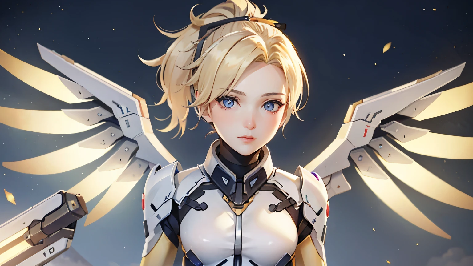 MercyOver, One girl, mercy (Overwatch), mechanical wing, mechanical Hello, Alone, Blonde, wing, blue eyes, Hello, staff, yellow wing, chest, Bodysuits, Keep, Upper Body, lips, View your viewers, Keep staff, medium chest, spread wing, glowing wing, nose, high ponytail, ponytail, Portraiture, Watching the audience、Sad face