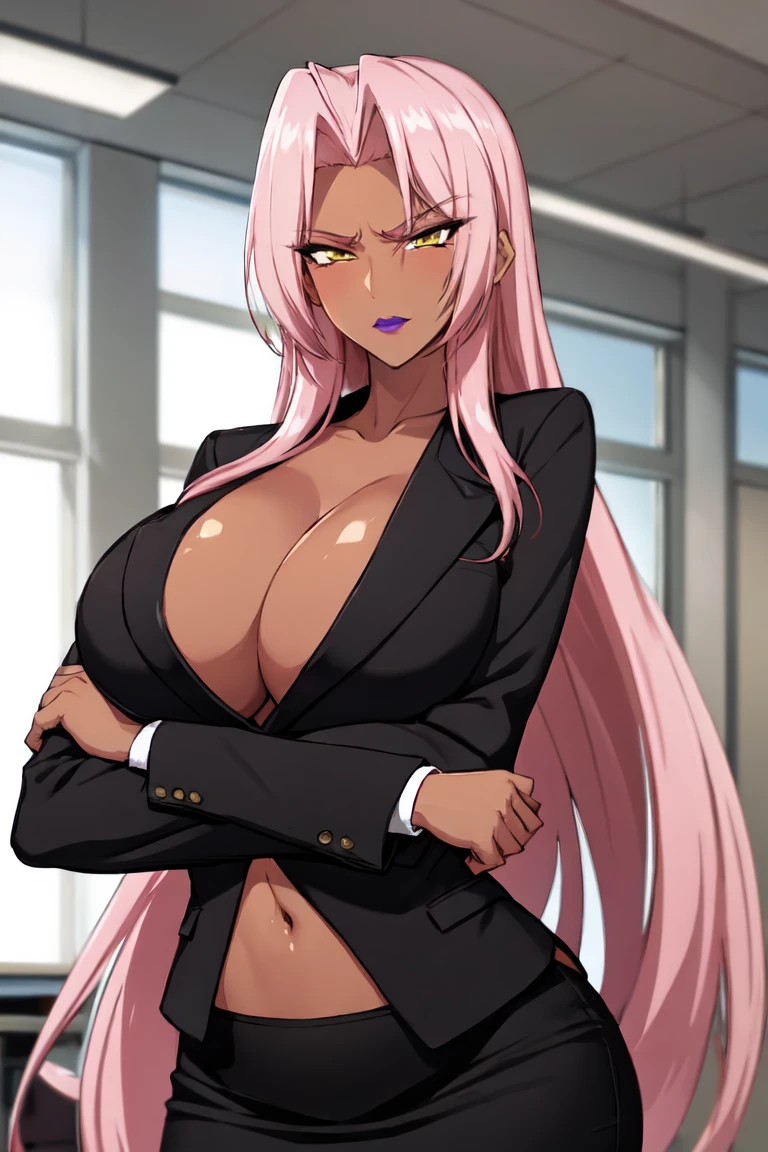 masterpiece, best quality, hkingrid, dark skin, purple lipstick, black jacket, suit jacket, cleavage, long sleeves, black skirt, large breasts, office, looking at viewer, large breasts, annoyed, crossed arms, navel showing 