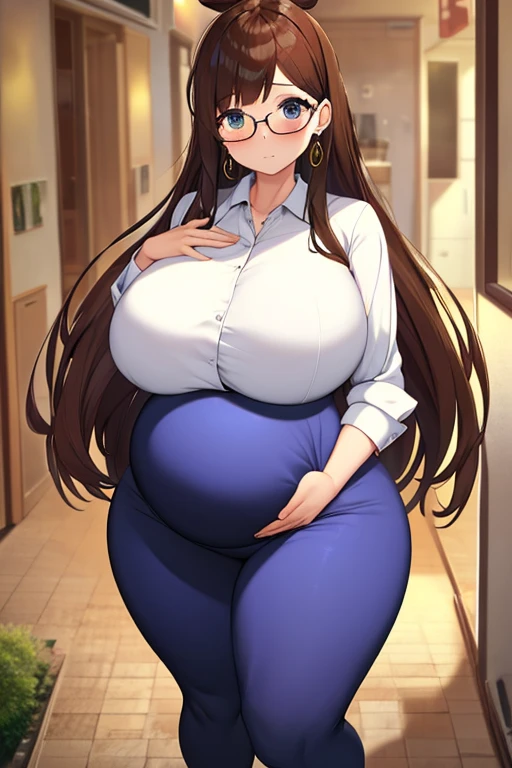 Full body girl, 9  pregnant, big belly, big breasts, brown eyes, glasses, , shy, earrings,  long hair, , brown hair, tsundere, embarrassed, , best quality,massive ,haul ,belly,thighs and bum, but she’s so heavily pregnant that her bum  thighs and stomach are way too big for her body and she can barely see and walk but make her belly massive like off the charts big 