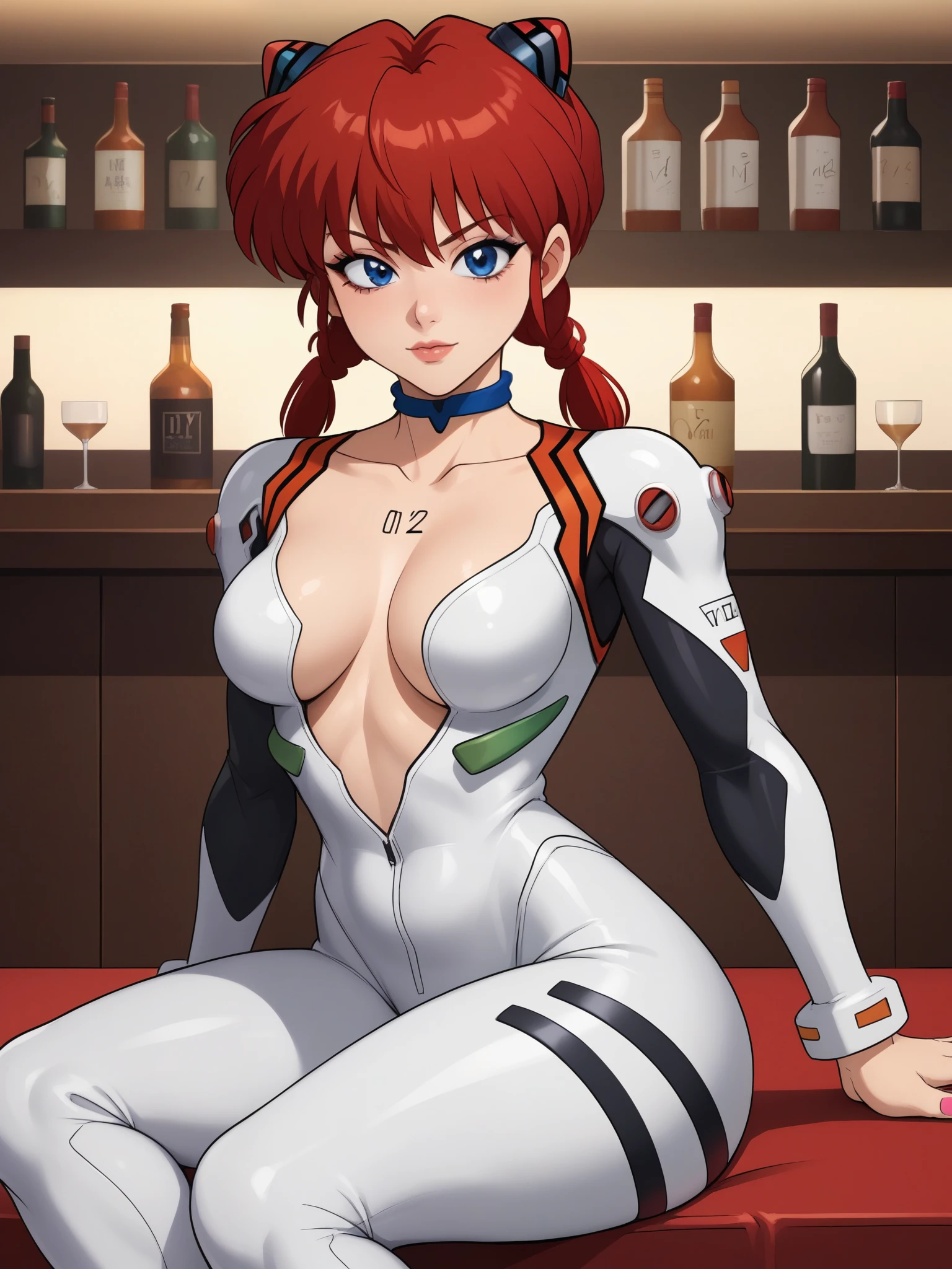 Ranma Saotome. red hair. Blue eyes. pigtail. small saggy breasts. hige hips. slim dody. choker. evangelion suit. black eyeliner. pink manicure. bar. sitting
