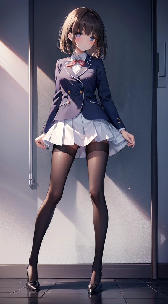 finest, masterpiece, High resolution, (Full body view from head to toe), Composition from slightly below the front, symmetry, 1, slim and beautiful girl, alone, (small breasts), (not wearing shoes),Unkempt brown hair, bangs, (black tights), (black pantyhose), tied up with both arms hidden behind the back, (Composition showing white panties), (her legs spread、I can see white panties.), thin legs, blush, shy big eyes, looking at camera, blazer uniform, plaid pleated skirt