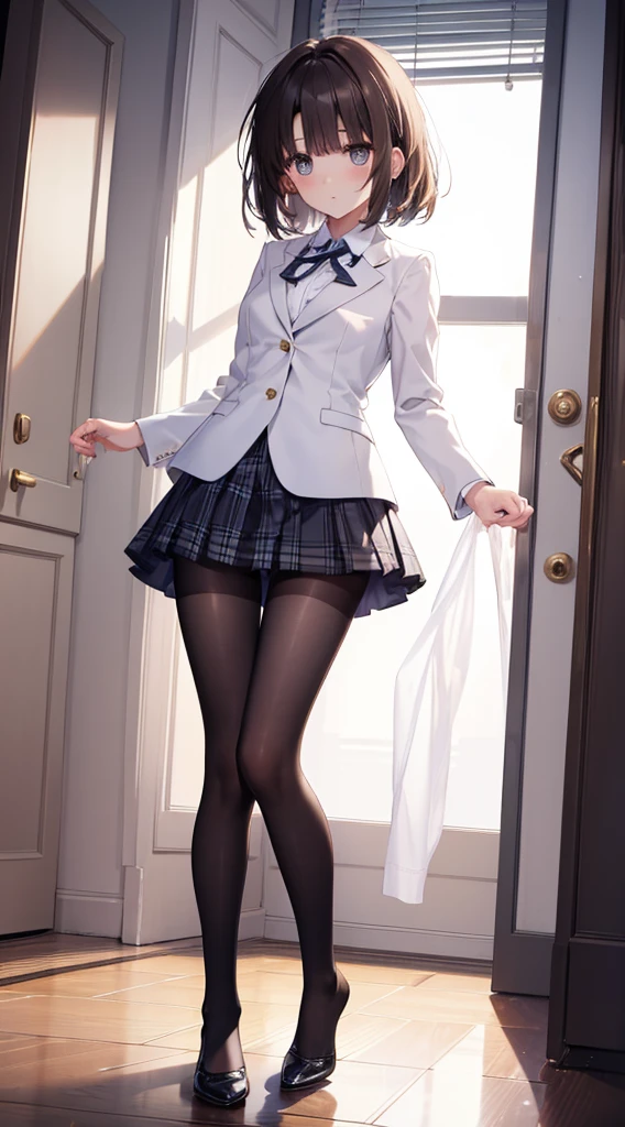 finest, masterpiece, High resolution, (Full body view from head to toe), Composition from slightly below the front, symmetry, 1, slim and beautiful girl, alone, (small breasts), (not wearing shoes),Unkempt brown hair, bangs, (black tights), (black pantyhose), tied up with both arms hidden behind the back, (Composition showing white panties), (her legs spread、I can see white panties.), thin legs, blush, shy big eyes, looking at camera, blazer uniform, plaid pleated skirt