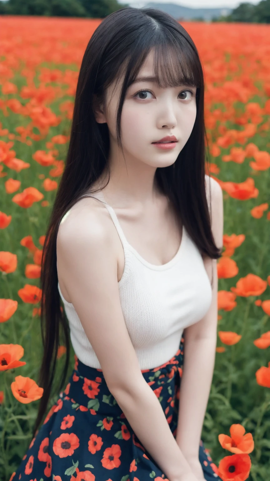 Masterpiece, Best quality, 8k, 18 ans, Photo brute, absurdes, Award-winning portrait, pure, japanese, vibrant poppy field, knit strap tanktop, micro skirt, big breast:1.3, (long hair), natural ligthing, pale skin:1.2