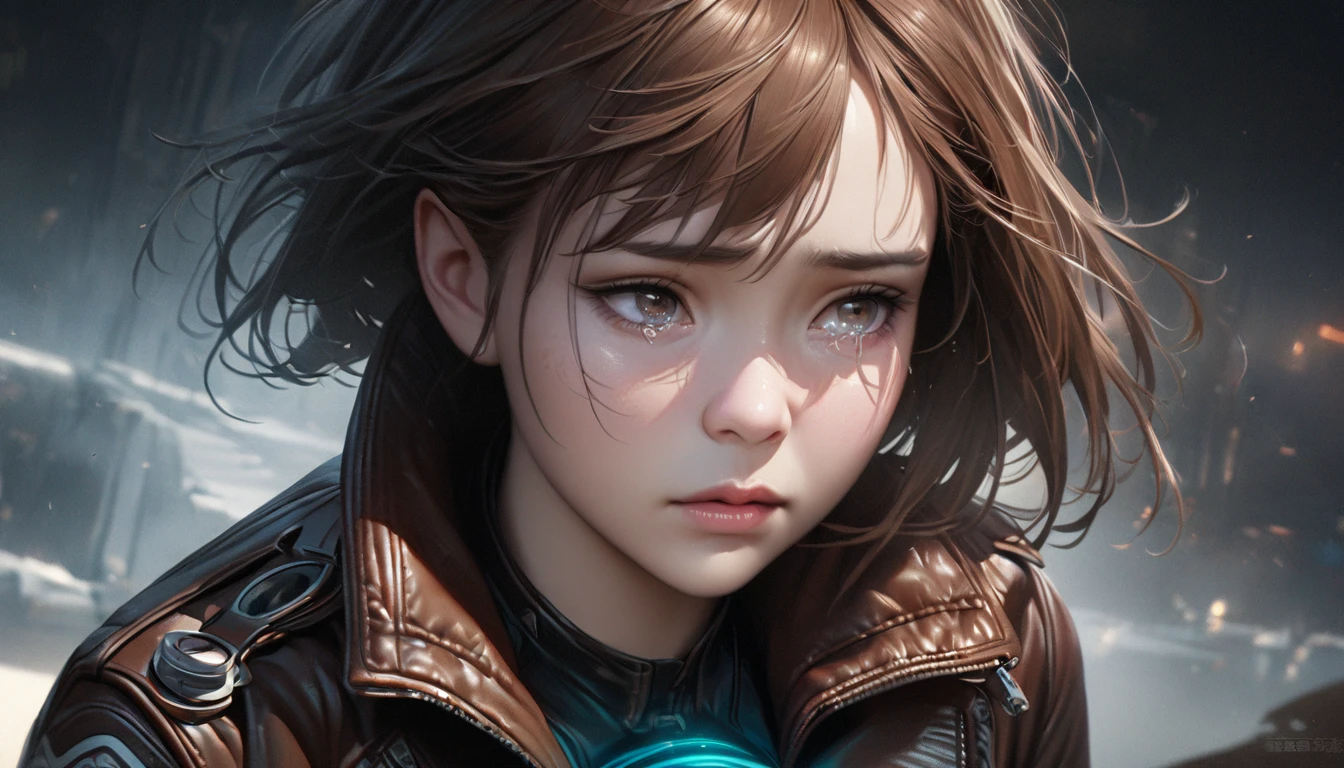 A girl with short brown hair wearing a leather jacket, bodysuit, gloves, and goggles, looking sad with a hint of tears, detailed face and eyes, hyperrealistic, 8k, highly detailed, professional digital art, dramatic lighting, moody color palette, cinematic composition