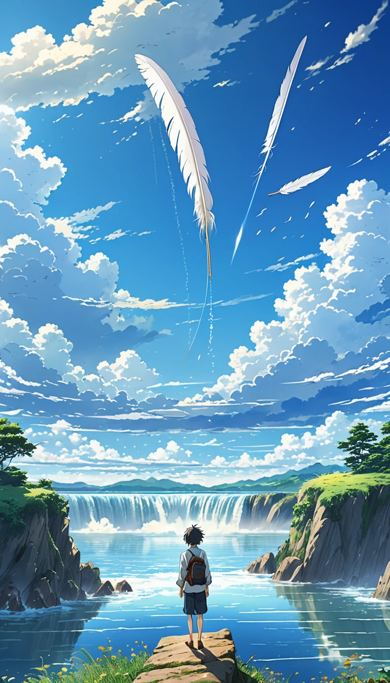 Very detailed anime landscape, People falling from the sky in The 100 series poster style, The 100, Man falling into the sky々, Beautiful seaside horizon, A floating feather seen from afar falls, cloud, Small handwritten note, Calm Sky Anime Nature Wallpaper, Beautiful scene from anime, Beautiful anime peace scenes, Makoto Shinkai Cyril Rolland, Beautiful anime scene, Awesome Wallpapers, Wallpaper Anime Art 8k, Anime Background, Anime Art Background, Anime 4K Wallpaper, Anime Art 4K Wallpaper, Anime Art 4K Wallpaper,