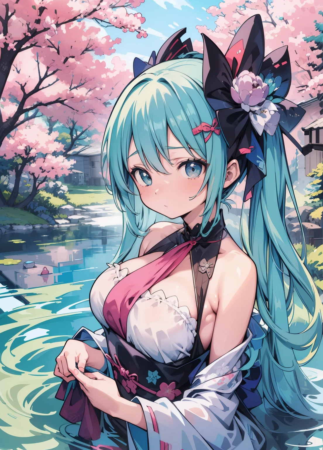(masterpiece、Highest quality、Highest quality、Official Art、Beautiful and beautiful:1.2)、(One girl:1.3)Hatsune Miku、Twin tails,Beautiful breasts, Katsushika Hokusai, Highest quality, masterpiece, High resolution, Photorealistic, RAW Photos, 8k wallpaper, perfection, Professional Lighting, Very detailed, ((One beautiful woman)), Sexy Woman, ((Gorgeous blue printed dress)), Cleavage, Upper Body, ((look into the viewer'Eyes)), Detailed face, Beautiful Eyes, ((Look forward)), Stylish dining room, sunny, bangs, Shapely breasts, Short Bob Hair, Plump and glossy lips, Cowboy Shot, ((Place your arms between your legs))