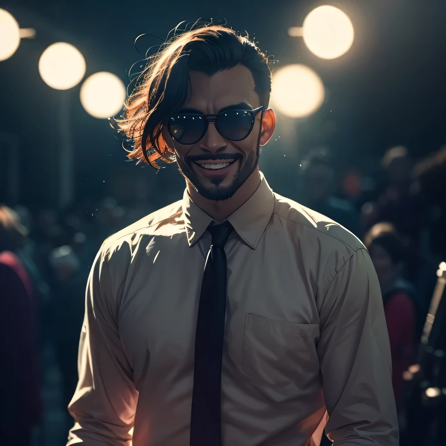 a demon human man being with a vintage 1960s costume, shirt, tie, holding a walkstick, wearing sunglasses, smiling with a bokeh background, highly detailed, photorealistic, 8k, cinematic lighting, dark fantasy, moody colors