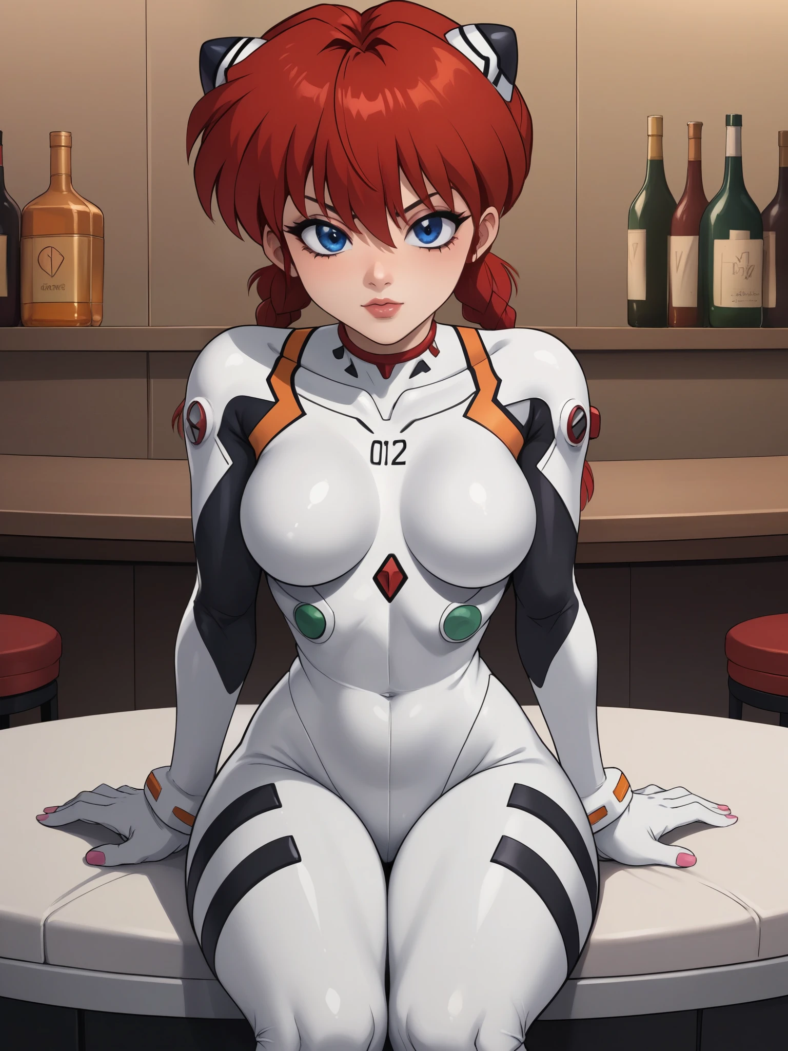 Ranma Saotome. red hair. Blue eyes. pigtail. small saggy breasts. hige hips. slim dody. choker. evangelion suit. black eyeliner. pink manicure. bar. sitting
