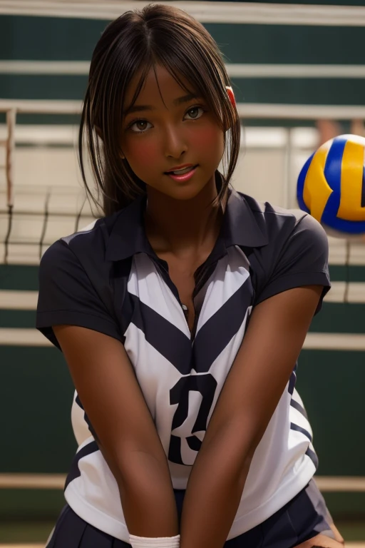 (((( one girl )))), Put your hand over your mouth、Beautiful breasts、 Brown eyes, ((Gal Hairstyles)) blonde, girl, (Eye and facial details:1.0), break, (masterpiece, Highest quality, Very detailed, Detailed face, 8k),( dark skin:2.05 ), (((( volleyball uniform )))),( open mouth ),(((( thick lips ))))