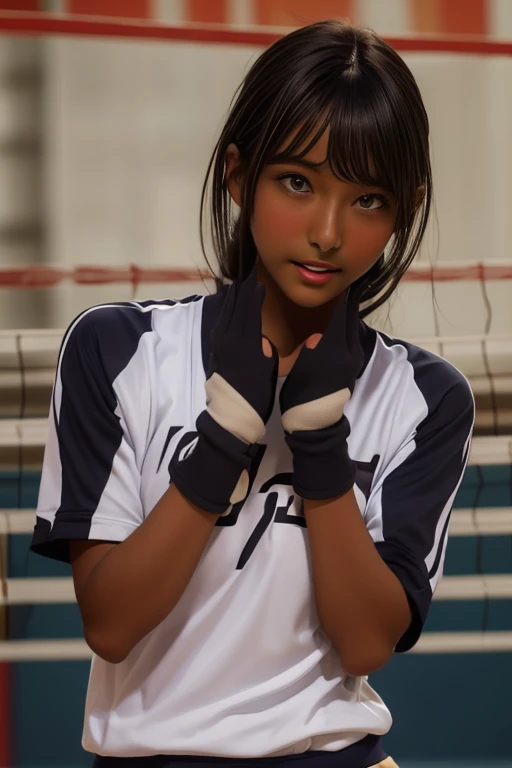 (((( one girl )))), Put your hand over your mouth、Beautiful breasts、 Brown eyes, ((Gal Hairstyles)) blonde, girl, (Eye and facial details:1.0), break, (masterpiece, Highest quality, Very detailed, Detailed face, 8k),( dark skin:2.05 ), (((( volleyball uniform )))),( open mouth ),(((( thick lips ))))