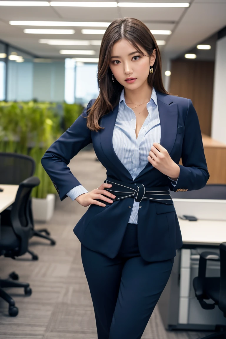 a character in a fitted suit, the sharp lines and tailored fit highlighting their strong, confident posture,(Clothes accentuate the shape of the breasts:1.2),(office casual clothing,slim waist:1.4),Browsing Caution,Highest quality,Ultra-high resolution,1 person,whole body,cool expression,Looking into the camera,Beautiful and elaborate face,Fine and beautiful skin