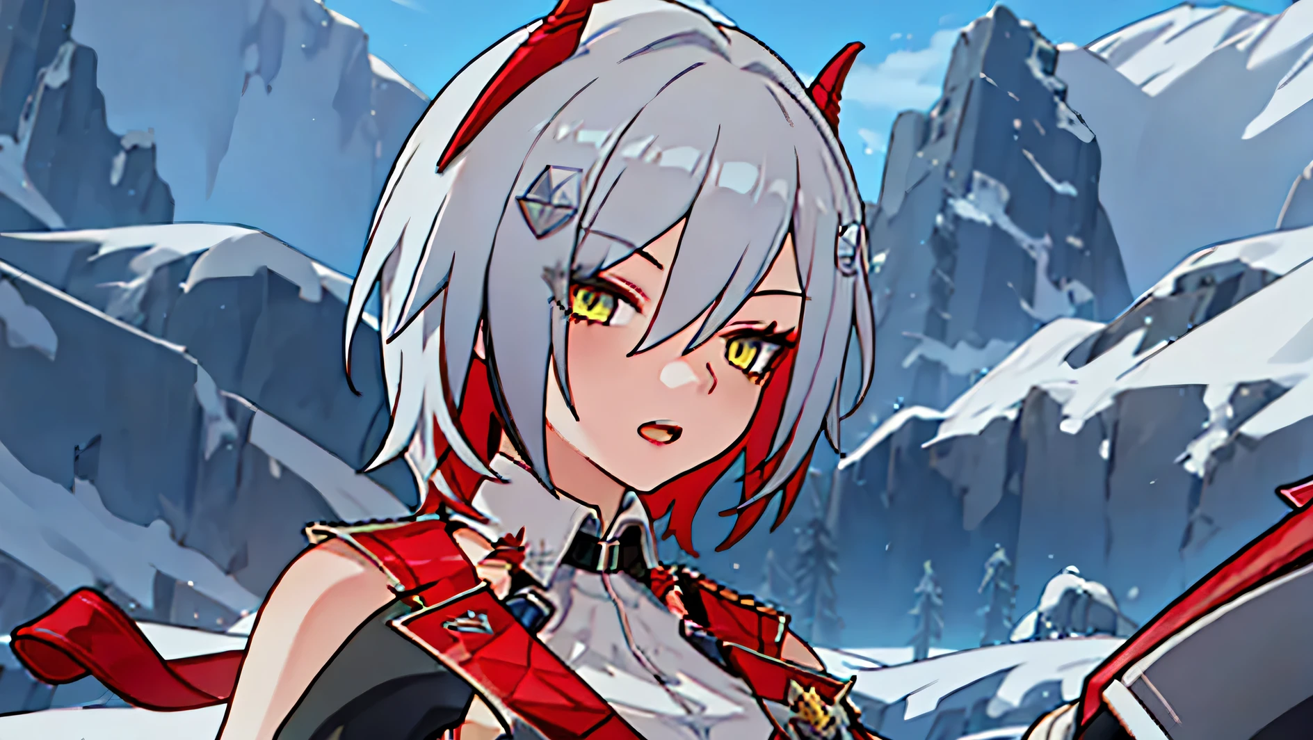 {ulrich_von_hutten_azurlane:0.90}, tuopa 1girl bangs breasts eyebrows visible through hair hair between eyes hair ornament looking at viewer multicolored hair open mouth outdoors parted lips red hair grassy plains short hair silver hair solo streaked hair upper body {safe:1.10}, best quality, masterpiece, highres, solo, , portrait, looking_at_viewer 