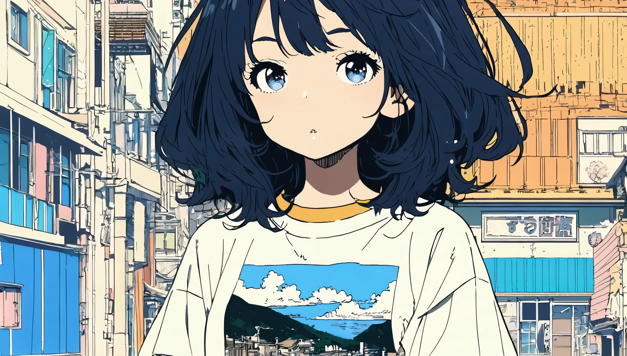 Extremely detailed 8K CG, Very detailed:1.3, Very delicate and detailed face:1.3, (Absurd, Texture, masterpiece), Pop Art, pixiv Contest Winner, by Posuka Demizu, Kyoto as background,Dynamic cartoon style illustration,Over T-shirt.