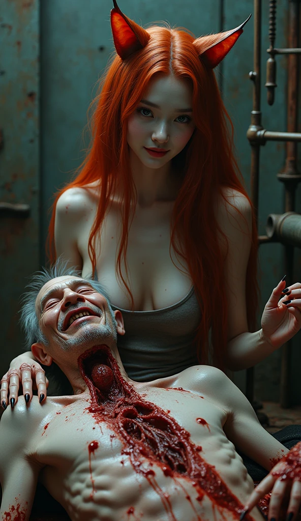 (((photorealistic:1.4))), ultra realistic, pores, (((masterpiece))),high quality, ultra details, realistic white skin beautiful face pretty korean idol girl showing very long sharp black shiny fingernails, model, very pretty, vein on hands, wearing sexy bloody outfit, ring on fingers, long yellow hair, long earrings, big necklace, sitting next to tired expression of realistic ugly old man tied up on the bed with throat ripped, show organs, no hands and legs, hose on the body, scratch mark, blood splatter everywhere, no hands and legs, extreme gore, looking at camera, night, luxury room with torture device on the table, high key, bright, vagina smothering, people arround