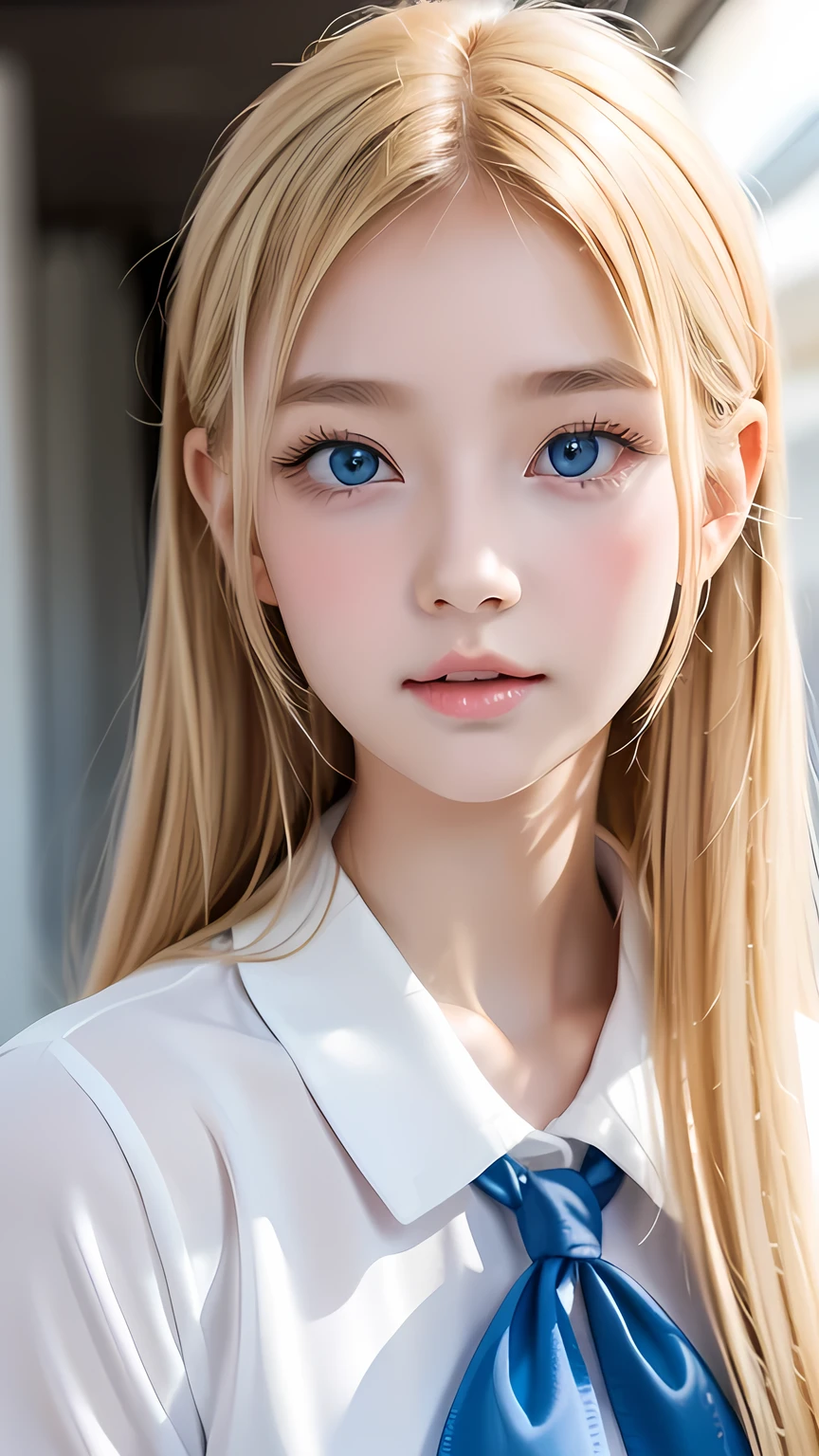 Portrait、School uniform、Very beautiful 、Scandinavian blonde beauty、Bright expression、Blonde ponytail、Young, lustrous, glowing, white skin、Cheek highlight、Bangs between the eyes、The best beauty、Clear light blonde hair with dazzling highlights、Shiny light blonde,、Super long silky straight blonde super long hair、Shiny, beautiful bangs、Big, bright blue eyes like sparkling jewels、Very beautiful lovely cute girl、Ample Bust、Round face、A beautiful girl、Small Face Beauty