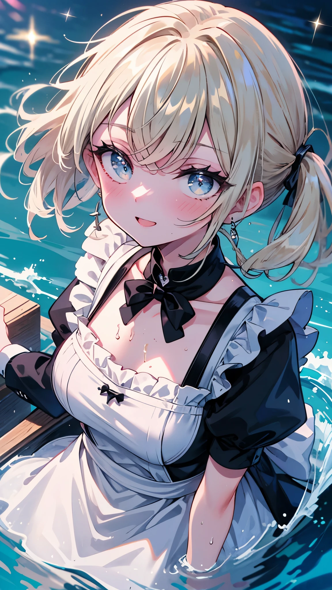 (8k, Best Quality, masterpiece: 1.2),Ultra-high resolution, 1 person, solo,Highly detailed face, Apron dress, Black Dress, White apron, black and white maid outfit, Random Hairstyles、Gay Hair, Rowing boat、lake、sunlight, clavicle, Ecstatic expression,Sparkling、Splash, Overall image, Flooding, 