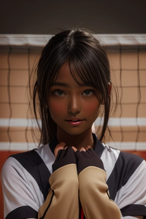 (((( one girl )))), Put your hand over your mouth、Beautiful breasts、 Brown eyes, ((Gal Hairstyles)) blonde, girl, (Eye and facial details:1.0), break, (masterpiece, Highest quality, Very detailed, Detailed face, 8k),( dark skin:2.05 ), (((( volleyball uniform )))),( open mouth ),(((( thick lips ))))