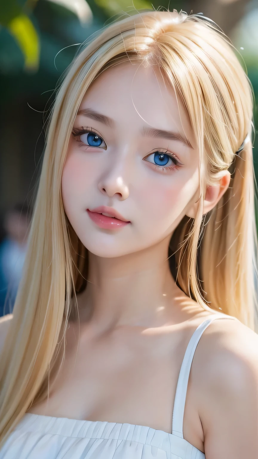 Portrait、School uniform、Very beautiful 、Scandinavian blonde beauty、Bright expression、Blonde ponytail、Young, lustrous, glowing, white skin、Cheek highlight、Bangs between the eyes、The best beauty、Clear light blonde hair with dazzling highlights、Shiny light blonde,、Super long silky straight blonde super long hair、Shiny, beautiful bangs、Big, bright blue eyes like sparkling jewels、Very beautiful lovely cute girl、Ample Bust、Round face、A beautiful girl、Small Face Beauty、Messy bangs on face