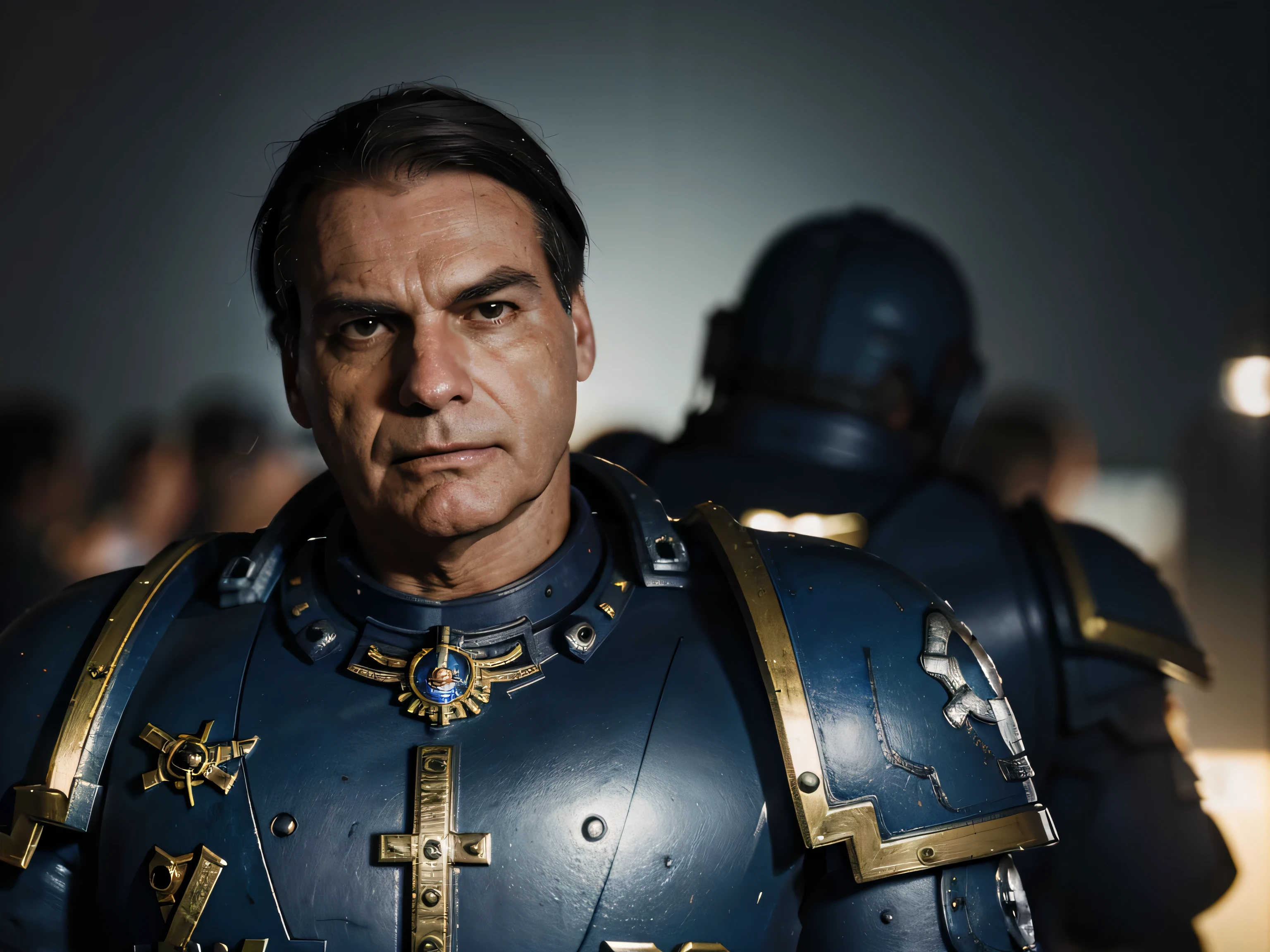 Space marine em um mundo warhammer 40k, jair bolsonaro, kinematic lighting, dramatic light, UHD, ultra detailed, Detailed skin, Bolts, Dark