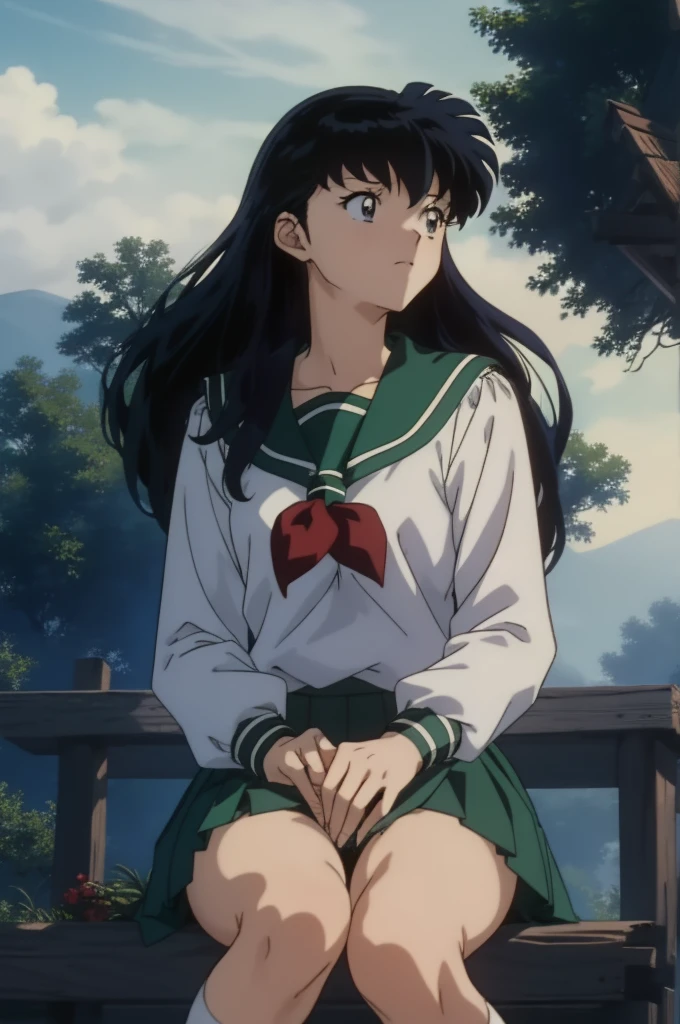 (Masterpiece: 1.6, Best Quality), (Fine Beautiful Eyes: 1.2), (best quality, masterpiece, highres), kagome higurashi, 1girl, solo, green school uniform, soft thighs , long sleeves, white socks, sitting, scenery, spread legs, pussy, pantyless, embarrassed, looking away, 