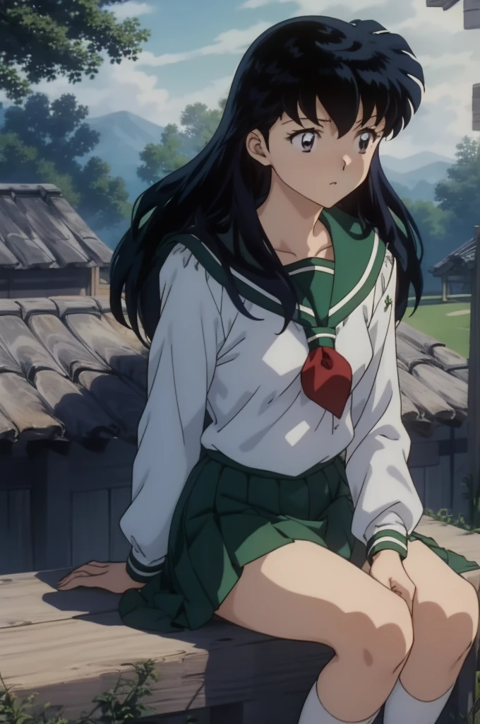 (Masterpiece: 1.6, Best Quality), (Fine Beautiful Eyes: 1.2), (best quality, masterpiece, highres), kagome higurashi, 1girl, solo, green school uniform, soft thighs , long sleeves, white socks, sitting, scenery, spread legs, pussy, pantyless, embarrassed, looking away, 