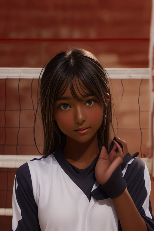 (((( one girl )))), Put your hand over your mouth、Beautiful breasts、 Brown eyes, ((Gal Hairstyles)) blonde, girl, (Eye and facial details:1.0), break, (masterpiece, Highest quality, Very detailed, Detailed face, 8k),( dark skin:2.05 ), (((( volleyball uniform )))),( open mouth ),(((( thick lips ))))